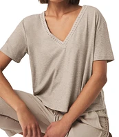 Kacey Crochet Knit V-Neck Short Sleeve Tee Shirt