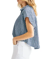 Splendid Gabrielle Crinkle Gingham Collar Neck Short Sleeve Button Front Top