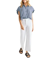 Splendid Gabrielle Crinkle Gingham Collar Neck Short Sleeve Button Front Top