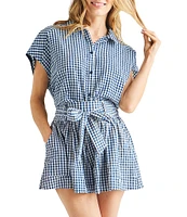Splendid Gabrielle Crinkle Gingham Collar Neck Short Sleeve Button Front Top