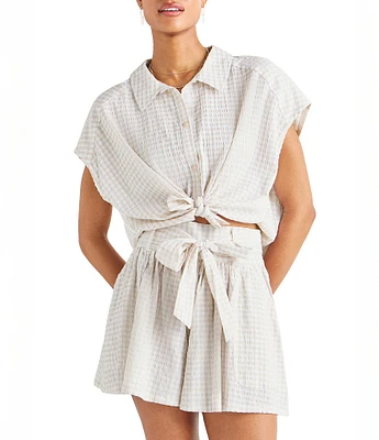 Splendid Gabrielle Crinkle Gingham Collar Neck Short Sleeve Button Front Top