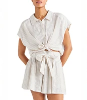 Splendid Gabrielle Crinkle Gingham Collar Neck Short Sleeve Button Front Top