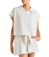 Splendid Gabrielle Crinkle Gingham Collar Neck Short Sleeve Button Front Top