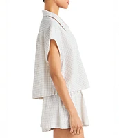 Splendid Gabrielle Crinkle Gingham Collar Neck Short Sleeve Button Front Top