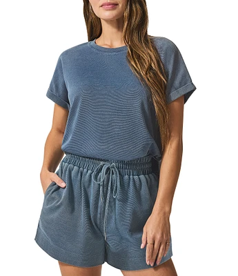 Splendid Indigo Cotton Knit Crew Neck Short Sleeve Coordinating Sweatshirt