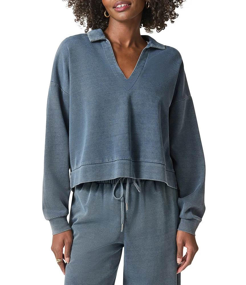 Splendid Indigo Polo V-Neck Long Sleeve Sweatshirt