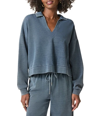 Splendid Indigo Polo V-Neck Long Sleeve Sweatshirt