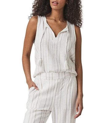 Splendid Layla Knit Stripe Print Linen Blend Split V-Neck Sleeveless Coordinating Tank Top