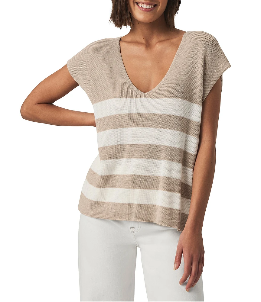 Splendid Octavia Knit Chest Stripe V-Neck Dropped Short Sleeve Box Top Sweater