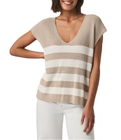 Splendid Octavia Knit Chest Stripe V-Neck Dropped Short Sleeve Box Top Sweater