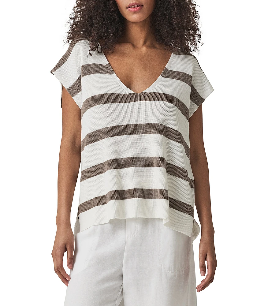 Splendid Octavia Woven Stripe Print V-Neck Short Sleeve Shirt