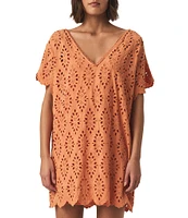 Splendid Sandro Eyelet V-Neck Short Sleeve A-Line Mini Dress
