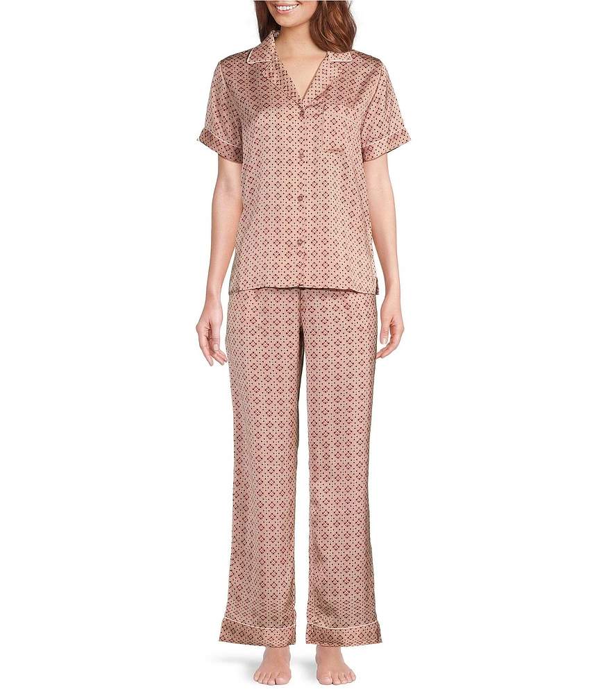 Splendid Short Sleeve Notch Collar Long Satin Heart Geometric Printed Pajama Set