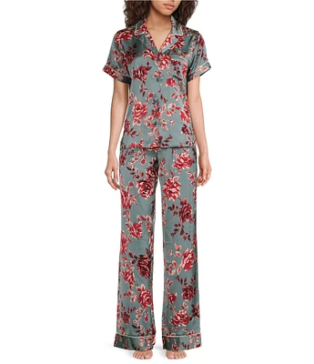 Splendid Short Sleeve Notch Collar Long Satin Rose Toss Printed Pajama Set