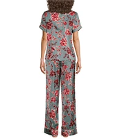 Splendid Short Sleeve Notch Collar Long Satin Rose Toss Printed Pajama Set