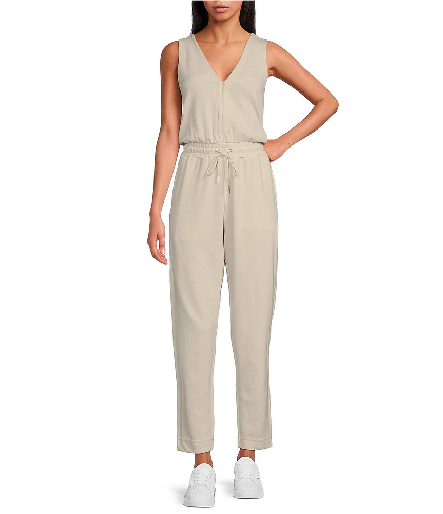 Splendid V-Neck Sleeveless Stretch Chambray Waffle Scuba Jumpsuit