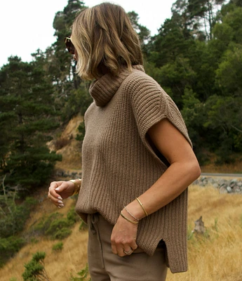 Splendid x Cella Jane Blog Knit Cowl Neck Dropped Short Sleeve Side Slit Pullover Sweater