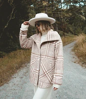 Splendid x Cella Jane Blog Woven Wool Blend Plaid Stand Collar Long Sleeve Button Front Hi-Low Shirttail Field Jacket