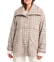 Splendid x Cella Jane Blog Woven Wool Blend Plaid Stand Collar Long Sleeve Button Front Hi-Low Shirttail Field Jacket