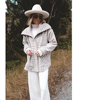 Splendid x Cella Jane Blog Woven Wool Blend Plaid Stand Collar Long Sleeve Button Front Hi-Low Shirttail Field Jacket