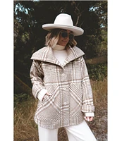 Splendid x Cella Jane Blog Woven Wool Blend Plaid Stand Collar Long Sleeve Button Front Hi-Low Shirttail Field Jacket