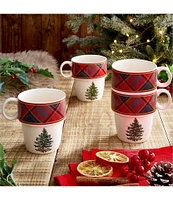 Spode Christmas Tree Tartan Stacking Mugs, Set of 4