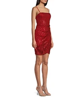 Honey and Rosie Square Neck Pleated Side Sequin Dress