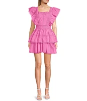 Lace Square Neck Short Flutter Sleeve Tiered Mini Dress