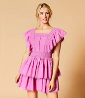 Lace Square Neck Short Flutter Sleeve Tiered Mini Dress