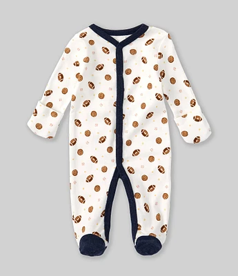 Starting Out Baby Boys Newborn-9 Months Round Neck Long Sleeve Football Print Footie Coverall