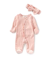Starting Out Baby Girls Stripe Long Sleeve Ruffle Footie Coverall & Matching Bow Headband Set