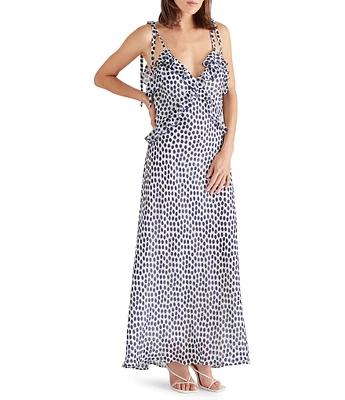 Steve Madden Adalina Dotted Print V-Neck Sleeveless Tie Strap Ruffle Maxi Dress