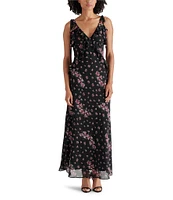 Steve Madden Adalina Floral V-Neck Sleeveless Tie Strap Ruffle Maxi Dress