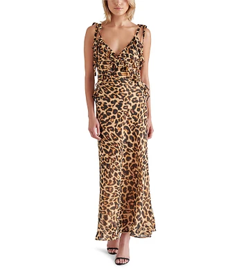 Steve Madden Adalina Leopard V Neck Sleeveless Tie Strap Ruffle Maxi Dress