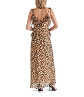 Steve Madden Adalina Leopard V Neck Sleeveless Tie Strap Ruffle Maxi Dress