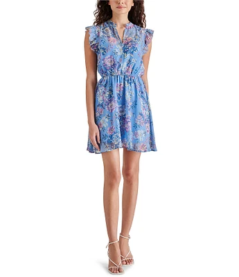 Steve Madden Alle Floral Print Split V Neck Sleeveless Mini Dress