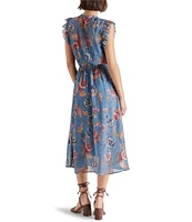 Steve Madden Allegra Chiffon Floral Print Split V Neck Sleeveless Midi Dress