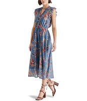 Steve Madden Allegra Chiffon Floral Print Split V Neck Sleeveless Midi Dress