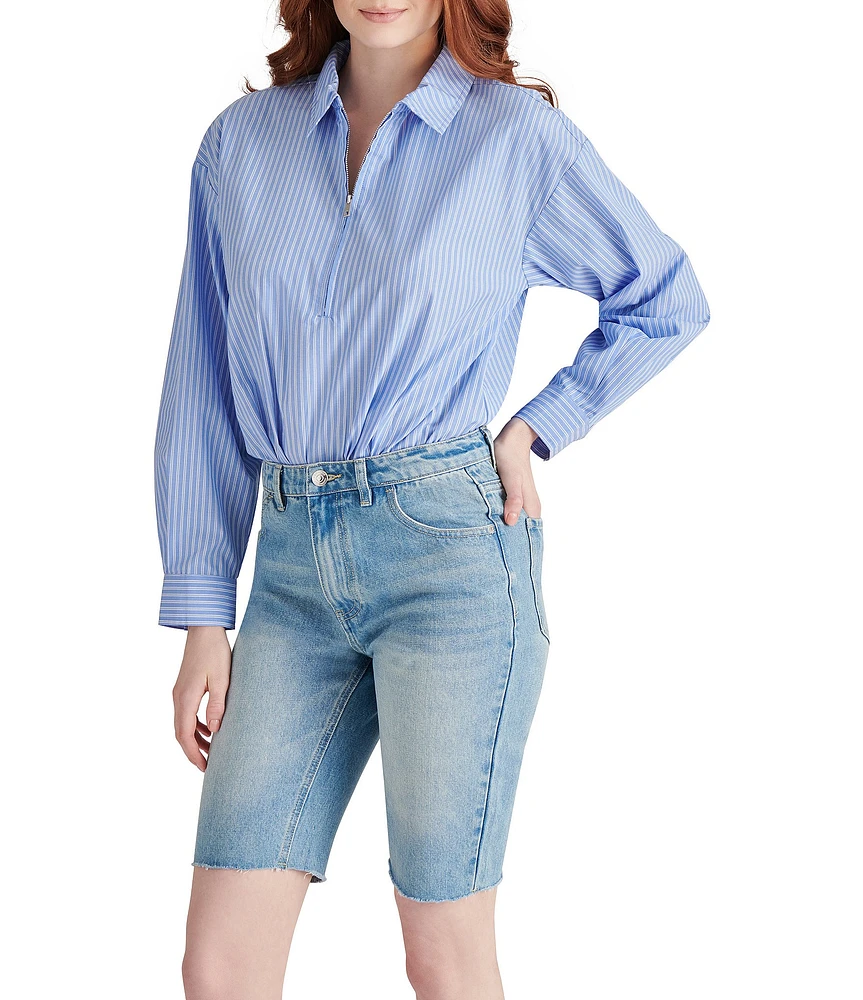 Steve Madden Alma Striped Point Collar Long Sleeve Bodysuit