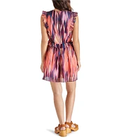 Steve Madden Althea Abstract Print V Neck Sleeveless Ruffle Mini Dress