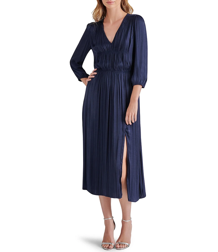 Steve Madden Arlene Washed Satin V Neck Quarter Sleeve Midi Dress