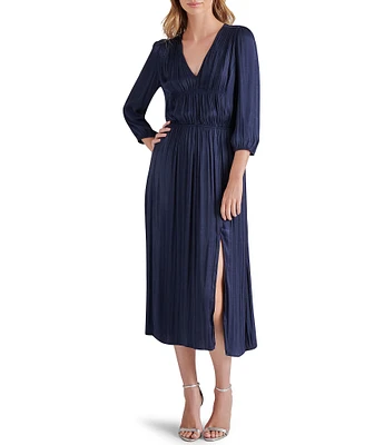 Steve Madden Arlene Washed Satin V Neck Quarter Sleeve Midi Dress