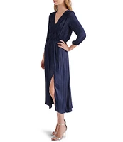 Steve Madden Arlene Washed Satin V Neck Quarter Sleeve Midi Dress