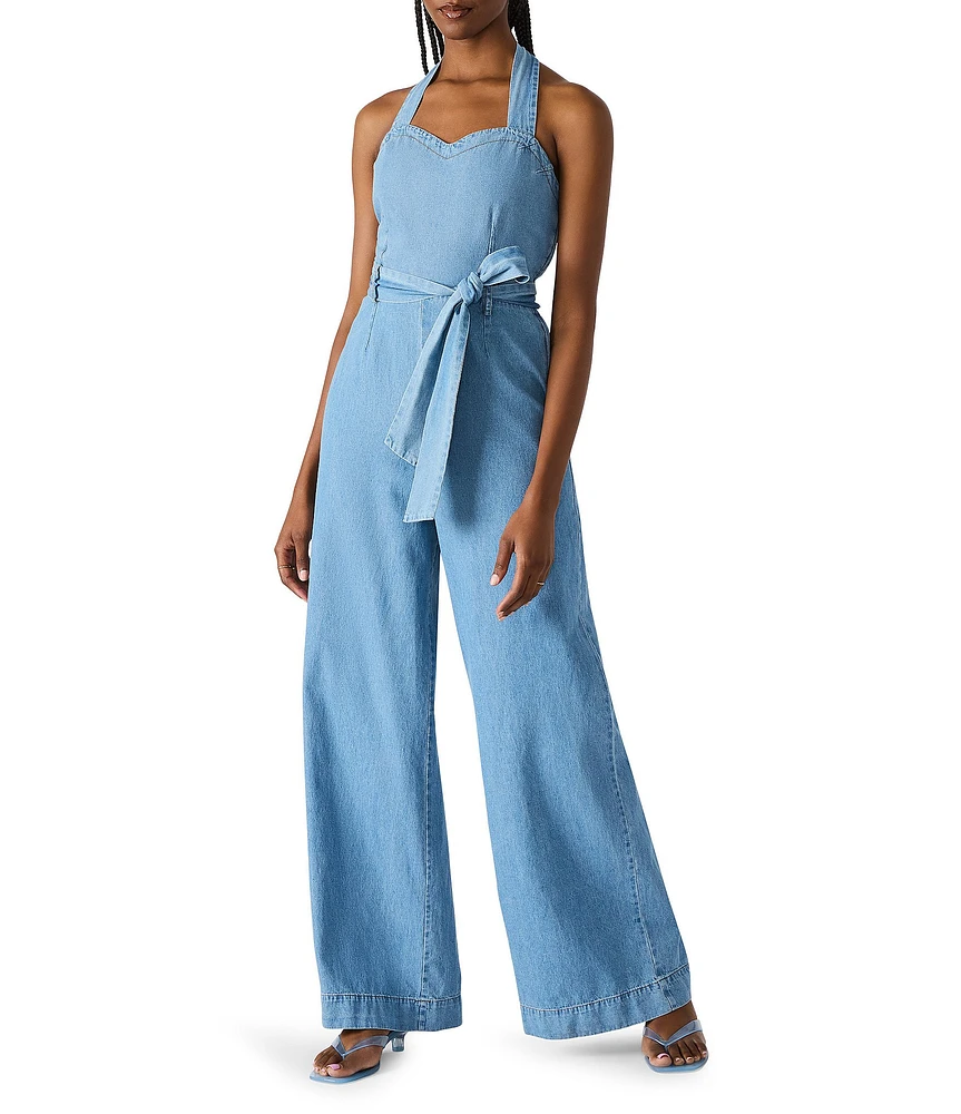 Steve Madden Artie Halter Neck Sleeveless Belted Chambray Jumpsuit