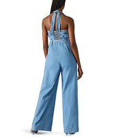 Steve Madden Artie Halter Neck Sleeveless Belted Chambray Jumpsuit
