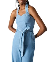 Steve Madden Artie Halter Neck Sleeveless Belted Chambray Jumpsuit