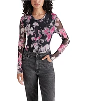 Steve Madden Azure Mesh Floral Print Crew Neck Long Sleeve Bodysuit