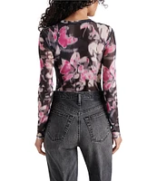 Steve Madden Azure Mesh Floral Print Crew Neck Long Sleeve Bodysuit