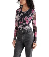 Steve Madden Azure Mesh Floral Print Crew Neck Long Sleeve Bodysuit