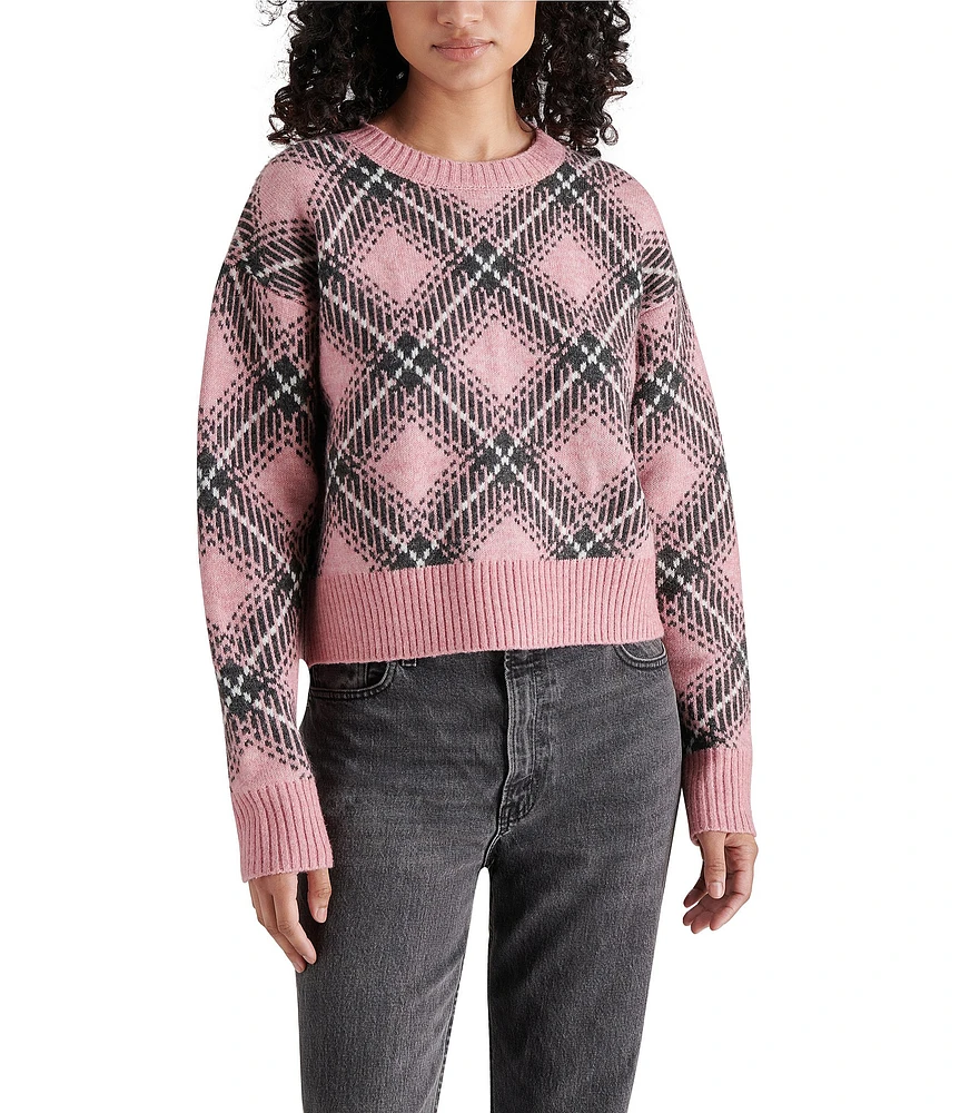 Steve Madden Becka Jacquard Plaid Crew Neck Long Sleeve Sweater